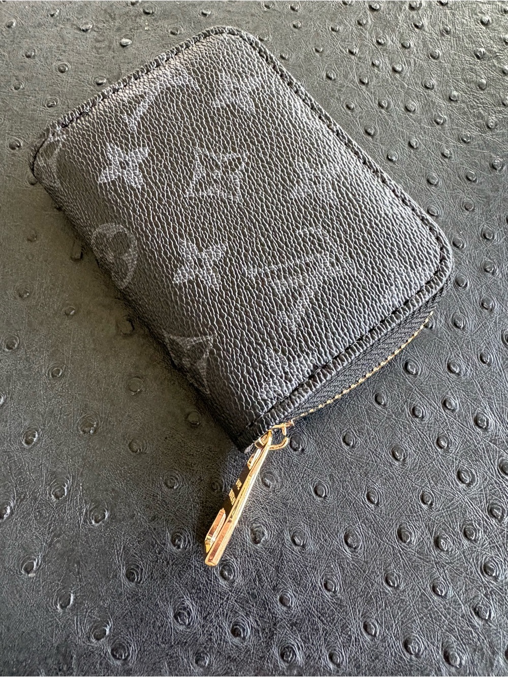 Monogram Zip Card Wallet in Black with Gold Hardware